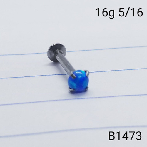 16g  Silver 3mm Blue Opal Threadless 5/16 Labret Ring