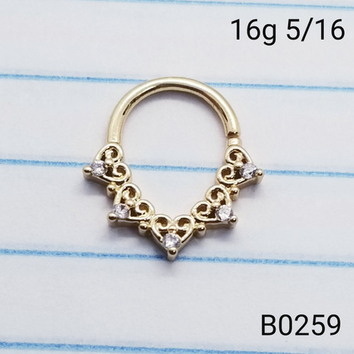 16g Gold CZ Heart Filigree Septum Ring