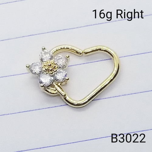 16g Gold Heart Flower CZ Right Ear 3/8 Hoop Daith Ring