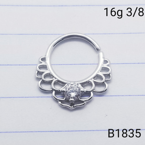 16g Silver CZ Lotus Flower Bend 3/8 Hoop Ring