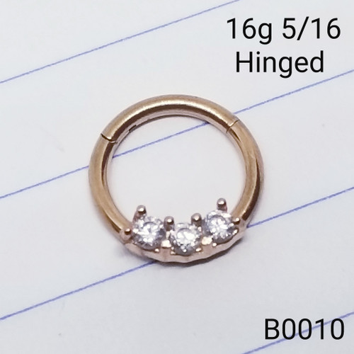 16g Rose Gold 3 CZ Hinged Hoop Seamless Ring