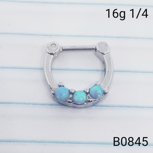 16g Silver 3 Blue Opal Hinged Hoop Septum Clicker Ring