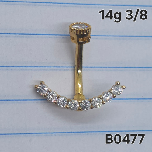 14g Gold CZ Curved 3/8 Belly Ring B0477