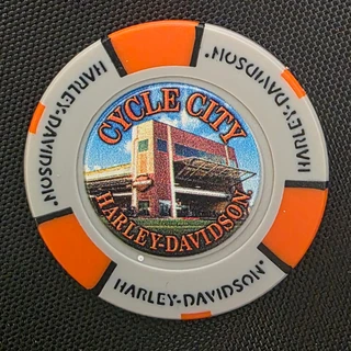 Harley-Davidson Hawaii Dealership Collectible Poker Chip in Grey and Orange showing Cycle City storefront graphic