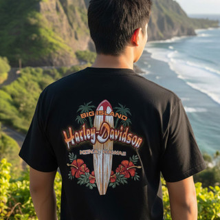 Rear view of Harley-Davidson Men's Kona Hibiscus Surf T-Shirt in Black displaying surfboard and red hibiscus back graphic