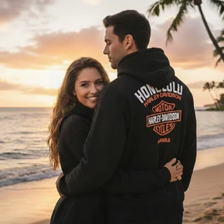 Back view of black Harley-Davidson Men's HD Original Pullover Hoodie featuring Honolulu Hawaii Bar and Shield graphic