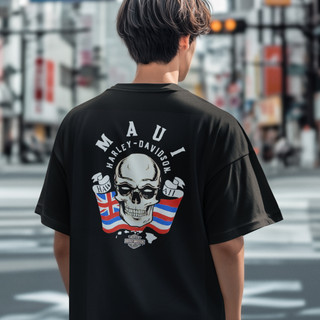 Rear view of Harley-Davidson Men's Maui Torches 2.0 T-Shirt displaying skull and Hawaii state flag back graphic