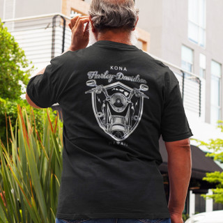 Rear view of Harley-Davidson Men's Vintage Garage Kona Pocket T-Shirt displaying vintage motorcycle back graphic