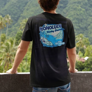 Rear view of Harley-Davidson Men's Patchwork T-Shirt in Black displaying relaxing skeleton on beach back graphic