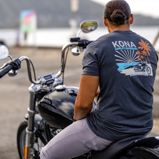 Rear view of Harley-Davidson Men's Kona Beach T-Shirt in Charcoal displaying beach motorcycle sunset back graphic