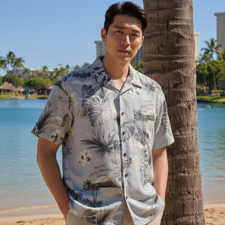 Harley-Davidson Men's Grey Coastal II Hawaii Exclusive Button-Up Aloha Shirt