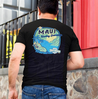 Rear view of Harley-Davidson Men's Maui Patchwork T-Shirt displaying tropical skeleton beach back graphic