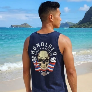Harley-Davidson Men's Torches 2.0 Navy Tank Top showing skull and Hawaiian flag graphic