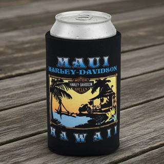 Black Harley-Davidson Maui Sunset Can Cooler front view featuring island sunset, motorcycle, and outrigger canoe artwork