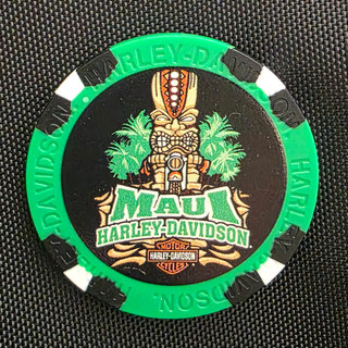 Harley-Davidson Maui Tiki Guy Full Color Collectible Poker Chip in Green and Black showing riding tiki graphic and Maui text