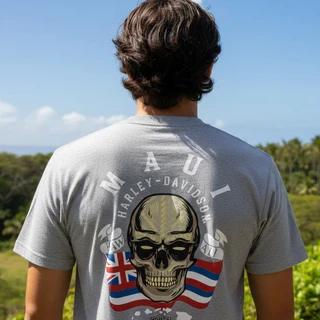 Rear view of Harley-Davidson Men's Maui Torches 2.0 T-Shirt in Grey displaying skull and Hawaii state flag graphic