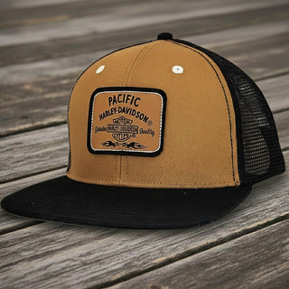 Exclusive Pacific Harley-Davidson Turbine Mesh Back Cap featuring custom emblem patch on tan crown and black flat brim