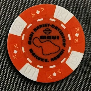 Harley-Davidson Maui Island Collectible Poker Chip in Orange and White showing Maui island map outline and Wailuku Hawaii text