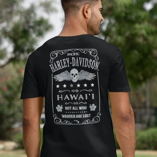 Rear view of Harley-Davidson Men's Wanderlost T-Shirt in Black displaying winged skull and Not All Who Wander Are Lost back graphic