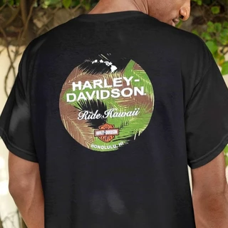Rear view of Harley-Davidson Men's Koko Camo T-Shirt in Black displaying tropical palm leaf camo circle back graphic