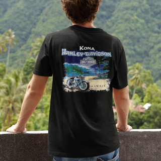 Rear view of Harley-Davidson Men's Kona Beach Bike T-Shirt in Black displaying coastal motorcycle and ocean back graphic
