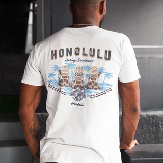 Rear view of Harley-Davidson Men's Tiki Tok T-Shirt in White displaying carved Tiki statues and palm trees back graphic
