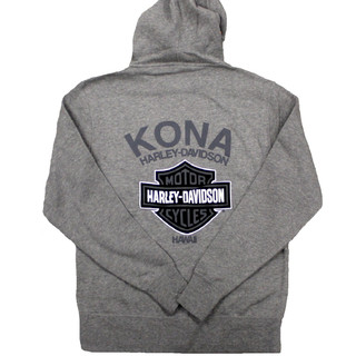 Harley-Davidson Men's Kona HD Original Gunmetal Zip-up Hoodies. Hawaii exclusive design. 80% Cotton 20% Polyester. Lightweight 8.5oz (280 gm) cotton/polyester blend fleece. Hoodie with Zipper and two pocket in the front.