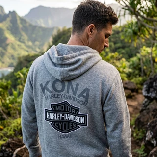 Back view of man wearing grey Harley-Davidson Men's Kona HD Original Zip-Up Hoodie outdoors