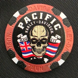 Harley-Davidson Pacific Torches 2.0 Full Color Collectible Poker Chip in Metallic Red showing skull and Hawaii state flag graphic
