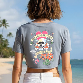 Back view of the Harley-Davidson Women's Protea Cropped Tee in grey showcasing the Pacific Harley-Davidson Hawaii logo