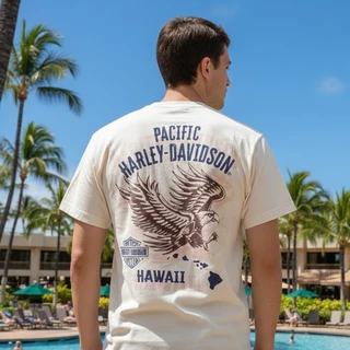 Rear view of Harley-Davidson Men's Clutch T-Shirt in Natural displaying screaming eagle and Hawaiian islands back graphic