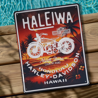 Pacific Harley-Davidson Country Road Tin Sign. Exclusive to our dealership in Hawaii. Measurement is 12" x 15".