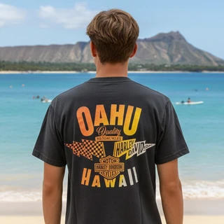 Rear view of Harley-Davidson Men's Hawaiian Born T-Shirt in Pigment Black displaying sunset gradient Oahu Hawaii back graphic