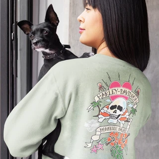 Back view of woman wearing Sage Harley-Davidson Women's Crossbones Crop Sweatshirt showing skull graphic