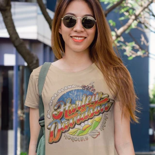 Front view of woman wearing Pigment Ivory Harley-Davidson Women's Mauka Mornings Tee