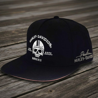 Exclusive Pacific Harley-Davidson Cycle City Skull Flat Brim Cap in Black featuring white helmeted skull embroidery and Pacific H-D side script