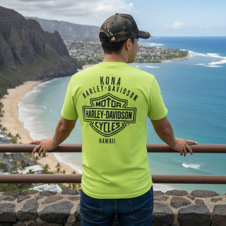 Rear view of Harley-Davidson Men's Kona Pennant Pocket T-Shirt in Safety Green displaying Bar and Shield back graphic