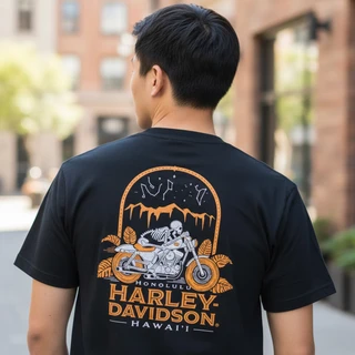 Rear view of Harley-Davidson Men's Hawaii Nights T-Shirt in Black displaying skeleton rider and starry night archway back graphic