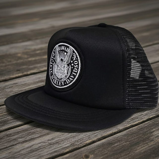 Side view of Harley-Davidson Eagle Crest Mesh Back Cap showing black mesh panels and flat visor profile
