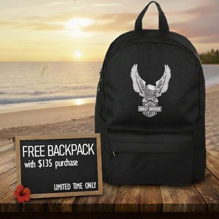 FREE Harley-Davidson Backpack promotion for holiday 2025. Get a black Harley-Davidson backpack with a $135 online purchase.
