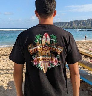 Rear view of Harley-Davidson Men's Hibiscus Surf T-Shirt in Black displaying Cycle City Ltd surfboard and hibiscus back graphic