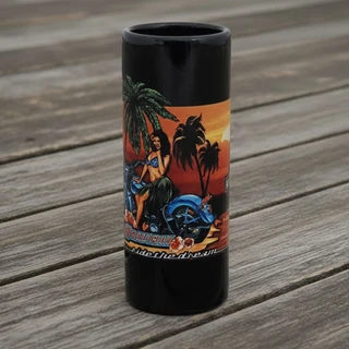 Front view of Harley-Davidson Hula Girl Tall Shot Glass featuring hula dancer motorcycle graphic on black ceramic