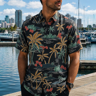 Harley-Davidson Men's Black Island Shades II Hawaii Exclusive Button-Up Aloha Shirt