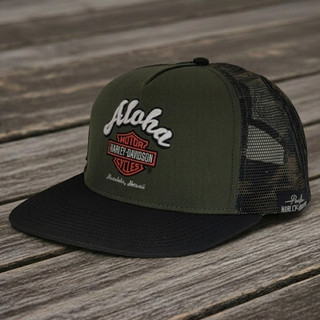 Side View of Harley-Davidson Aloha Time Flat Brim Cap – Olive & Camo | Honolulu H-D Hawaii
