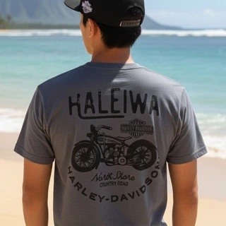 Rear view of Harley-Davidson Men's Country Road T-Shirt in Grey displaying antique motorcycle and Haleiwa North Shore back graphic