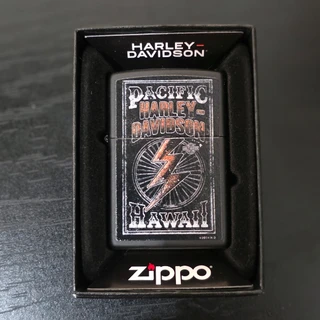 Harley-Davidson HI Voltage Zippo Lighter featuring Pacific Harley-Davidson Hawaii graphics displayed in its branded presentation box