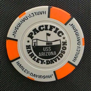 Harley-Davidson USS Arizona Memorial Collectible Poker Chip in Grey and Orange showing Pearl Harbor graphic