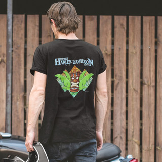 Rear view of Harley-Davidson Men's Tiki Kona T-Shirt in Black displaying tiki and tropical leaf back graphic