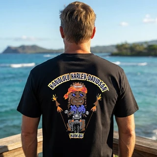 Rear view of Harley-Davidson Men's Rockin Tiki T-Shirt in Black displaying motorcycle-riding tiki character back graphic