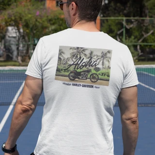 Rear view of Harley-Davidson Men's Palm Parking White T-Shirt displaying motorcycle parked under palm trees with Aloha text back graphic
